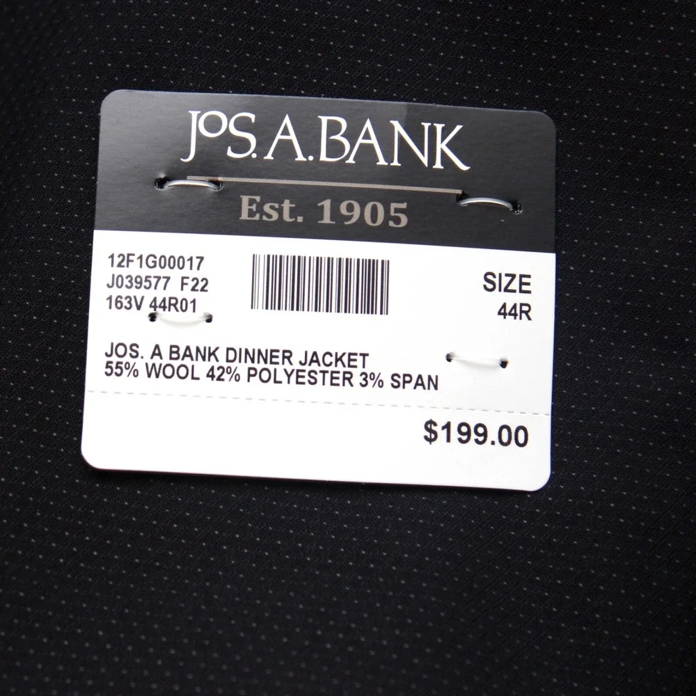 Jos A Bank Men's Dinner Jacket Blazer Black Tailored Fit 44R Wool Blend‎ C070554